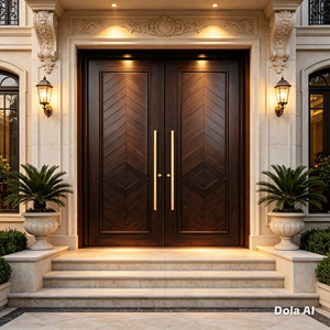 Puerta Doble de Madera Sólida con Diseño Chevron, Manijas Doradas, Apertura Abatible, Operación Manual, Acabado para Apartamento, Villa, Exterior - Product Image 1