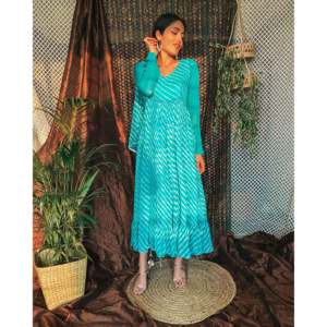 Robe Fusion en Chiffon Bleu Cadet Coupe A-Line XS Maxi Leheriya avec Taille Empire et Caractéristique Respirante - Product Image 5