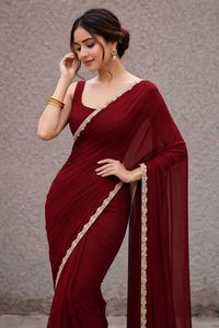 Georgette unie de style indien avec dentelle bordée, idéale pour les fêtes et festivals, prix de gros bas, qualité supérieure de style pakistanais - Product Image 5