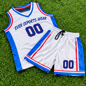 Ensemble de maillot de basket-ball blanc personnalisé avec panneau latéral bleu, bordure à rayures rouges, sans manches, respirant, anti-humidité, pour ligue universitaire - Product Image 1
