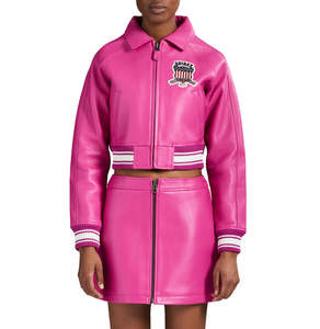 Vestes en cuir rouge Avirex pour femmes, couleur personnalisée, cuir teinté, col rond classique, fermeture éclair, vestes d'hiver écologiques courtes - Product Image 3