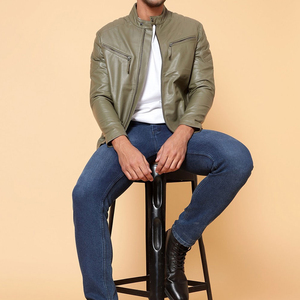 Men's Olive Green Genuine Leather <b>Waterproof</b> Eco-Friendly Moto <b>Jacket</b> Stand Collar Zipper Closure Slim Fit Solid Color Autumn - Product Image 2
