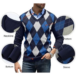 2025 hommes décontracté col en V pull Slim Fit à manches longues Argyle pull côtelé tricot Anti-rides fait doux cachemire pour l'automne - Product Image 5
