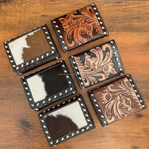 Cartera de triple pliegue corta personalizada con herramientas manuales para hombre, tarjetero de cuero de vaca genuino, carteras con bloqueo RFID, carteras para hombre - Product Image 6