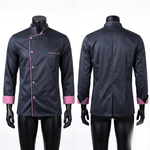 Uniforme de Chef Premium de Polialgodón de 240 GSM, Chaqueta Negra de Manga Larga con Ribete Rosa en Contraste, Logotipo Personalizado - Product Image 1