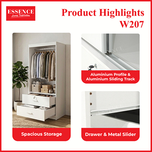 Armario de dormitorio contemporáneo de dos puertas con paneles planos de aglomerado, 2 cajones y 1 estante, modelo W207, Roble Blanco, venta al por mayor - Product Image 5