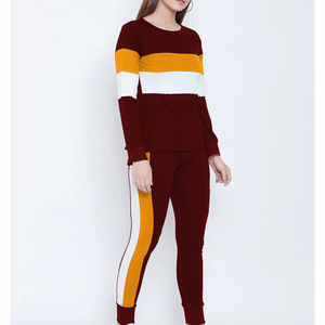 Women Color Blocking <b>Tracksuit</b> Set Full Sleeve Crew Neck Long Pants Casual Autumn Wear Spandex Cotton Material - Product Image 1