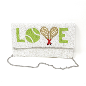 Bolso de mano blanco con cuentas hecho a mano, diseño de tenis y amor, cadena plateada ligera y desmontable - Uso para bodas/ocasiones nocturnas - Product Image 2
