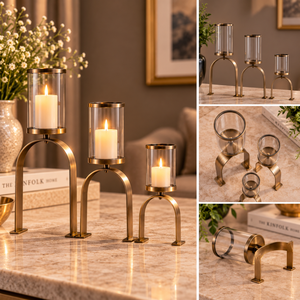 Ensemble de 3 porte-bougies en verre doré en forme d'arche pour centre de table, décoration intérieure |   Supports de bougies modernes Hurricane pour mariages et cadeaux - Product Image 3