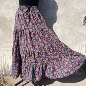 Boho Maxi <b>Skirt</b> for Women Block Print Cotton Dress Handmade Gypsy Tiered Design <b>Elastic</b> Waistline Embroidered Breathable - Product Image 1