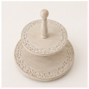 Handcrafted 2 Tier Wooden <b>Cake</b> <b>Stand</b> with Intricate Carvings Whitewashed Farmhouse Dessert Display <b>Stand</b> for Weddings Parties - Product Image 6