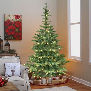 7ft Pre-Lit Christmas <b>Tree</b> 400 Warm White <b>LED</b> Lights 941 PE+PVC Tips Unique Wooden Base Realistic Layered Look Full Coverage - Product Image 1