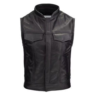Chaleco de Motociclista de Cuero Negro Personalizado para Hombre, Chaleco sin Mangas, Cuello Alto, Chaleco de Cuero Genuino para Motociclistas - Product Image 1