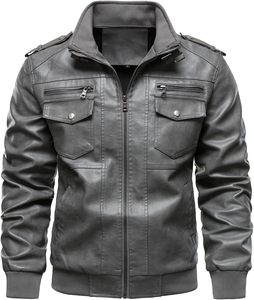 Chaqueta de Motociclista Delgada de Cuero PU para Hombre, con Cierre Frontal, Cuello Alto, Color Sólido, Manga Regular, Relleno de Poliéster, Estilo Otoñal - Product Image 1