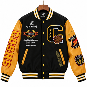 Chaqueta Varsity Negra y Dorada para Hombre, Mangas de Cuero PU, Letras Bordadas, Botones a Presión, Estilo Preppy - Product Image 2