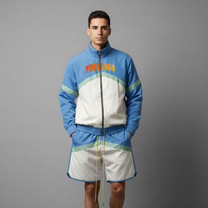 Conjunto de dos piezas de verano hecho a medida, 100% nailon, chaqueta y pantalones cortos deportivos, conjunto deportivo con bloques de color a la moda, cortavientos para hombre - Product Image 4