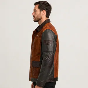 Veste en cuir PU pour homme, couleur personnalisée, style sportif, design patchwork, coupe classique, imperméable, logo sur le devant, pour l'hiver - Product Image 5