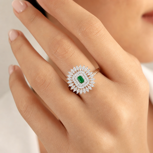 Luxury Floral <b>Cocktail</b> <b>Ring</b> Lab Emerald Gemstone Center Stone Marquise Diamond Halo Statement <b>Ring</b> <b>Gold</b> 14KT Rhodium Plated - Product Image 3