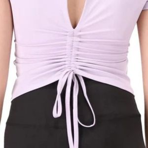 Camiseta casual ajustada de manga corta rosa para mujer con cuello, espalda con abertura y cordón, cintura fruncida, corte ajustado, básica para el día a día, a la moda. - Product Image 5