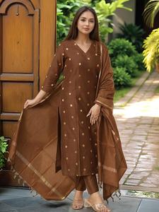<b>Women</b> Brown Polka Dot <b>Kurta</b> Set Dupatta Traditional Rayon Quick Dry Knee-Length Regular Fit Casual Wear India Pakistan Style - Product Image 4