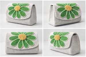 Bolso de Mano de Lujo Hecho a Mano, Clásico, Blanco y Verde, con Cuentas de Perlas, Forro de Algodón, Bordado de Flores Magnéticas, para Fiestas Nocturnas, para Mujer - Product Image 5