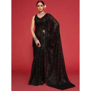 Adorable sari de soirée en georgette noir à sequins, vêtements Zeel, non cousu - Product Image 1