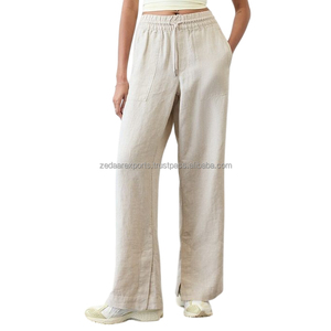 Pantalones rectos de lino de estilo europeo para mujer, pantalones de oficina de lino con botones Beige, último diseño personalizable - Product Image 2