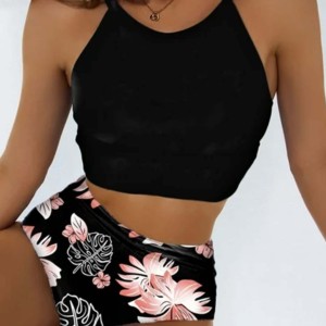 Ensemble de maillot de bain 2 pièces pour femmes, imprimé floral, col rond, sans manches, bas taille haute, style sportif, écologique, séchage rapide, noir rose - Product Image 2