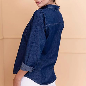 Chemise en jean décontractée pour femmes, chemises en jean amples en coton pour filles, vêtements de travail personnalisés, chemise en jean à revers pour la vente - Product Image 6