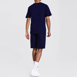 Men's <b>Navy</b> Blue Color Crew Neck T-Shirt and Shorts Set Summer Casual Knitted Cotton Two-Piece Outfit - Product Image 2