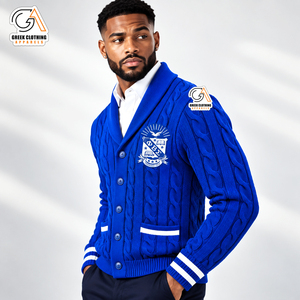 เสื้อผ้ากรีก เสื้อคาร์ดิแกนถักลายสีน้ำเงินรอยัลสำหรับผู้ชาย ยี่ห้อ Phi Beta Sigma ปักลายตราสัญลักษณ์ด้านหน้า เสื้อกันหนาวสำหรับฤดูหนาว ผลิตจากโพลีเอสเตอร์ 100% - Product Image 3