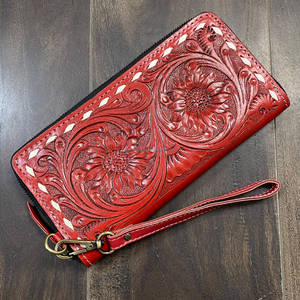 <b>Girls</b> Party Evening Bag Tooled Floral Genuine Leather Zipper <b>Wallet</b> Western Style Handmade Leather Credit Card Holder <b>Wallet</b> - Product Image 4