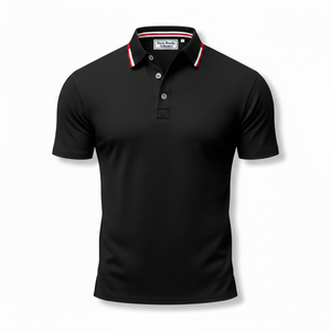 Camisa Negra Premium para Hombre con Cuello a Rayas en Contraste, Logotipo Personalizado, Tejido Ecológico, Deportiva, de Golf, Alta Calidad y Transpirable - Product Image 2