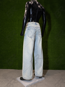 Jean en denim délavé taille haute pour homme, coupe ample, jambe large, tissé uni, léger, en coton, idéal pour le printemps - Product Image 3