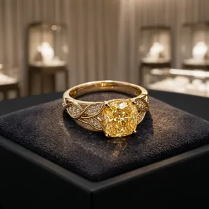 Bague de luxe en or massif 14K/18K avec diamant jaune taille coussin - Bijou fin vintage avec bande tressée en forme de feuille pour fiançailles et mariage - Product Image 6