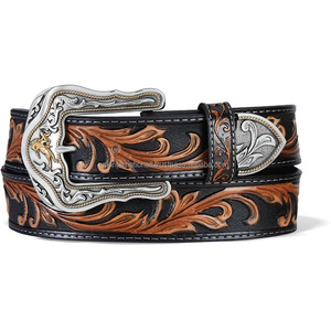 Western Fashion Floral Engraved Design Alloy Pin Buckle Men Belt Custom Printed Logo Pattern Western <b>Leather</b> <b>Tooling</b> Belts - Product Image 4