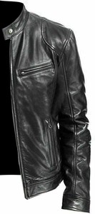 Veste de moto en cuir véritable noir de haute qualité pour homme, col montant, fermeture éclair, coupe ajustée, pour l'automne - Product Image 4