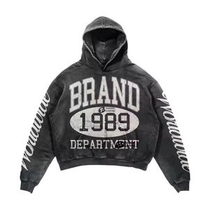 Sweat à capuche zippé délavé à l'acide et pantalon de survêtement évasé pour homme, style streetwear, personnalisable, effet vieilli, broderie, patchwork, imprimé, doux, haute qualité - Product Image 3