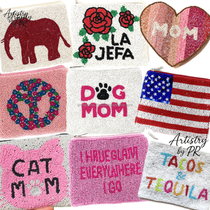 Monedero de tela de algodón hecho a mano con cuentas, bordado con cuentas de semillas, mini bolso con cremallera y correa de cadena, diseño de texto con iconos modernos y lindos - Product Image 2