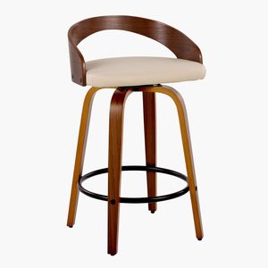 Sgabello da bancone Grotto da 26 pollici, stile Mid-Century Modern, altezza fissa, in legno di noce e similpelle crema, con sedia da pranzo girevole in metallo nero - Product Image 2