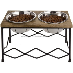 Natural para MANGO madera negro Metal celosía estilo elevado doble alimentador de mascotas soporte 2 cuencos de acero inoxidable muestra gratis perros gatos - Product Image 4