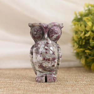 Hand Carved Natural Pink Tourmaline Owl Statue Gemstone Bird Sculpture Feng Shui Love OEM ODM Wholesale Supplier - Product Image 1
