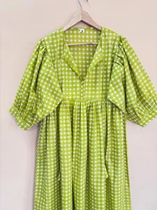 Women's Green Handprint Cotton Midi <b>Dress</b> With Tie-Neck And Short Puff Sleeve <b>Boho</b> <b>Summer</b> <b>Dress</b> - Product Image 4