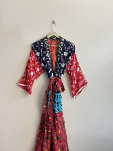 Robe en coton brodée florale pour femme, manches longues, longueur totale, style halter, vêtement de nuit décontracté, kimono bohème fait main - Product Image 1