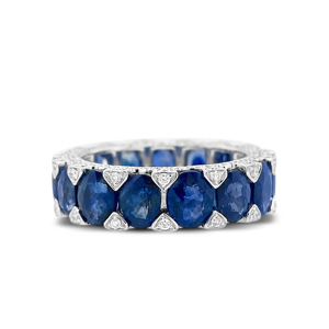 Anillo de eternidad de oro macizo de 18 quilates para mujer con zafiro ovalado y diamante de corte triangular, joyería fina clásica - Product Image 1