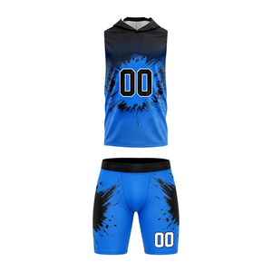 Ensemble de football 7v7 pour garçons avec imprimé Splash : Maillot sans manches à capuche et short ajusté, personnalisable avec nom et numéro du joueur, design sublimé - Product Image 1