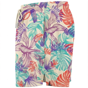 Shorts de bain personnalisés pour hommes, imprimé floral, taille à cordon de serrage, séchage rapide, style décontracté, longueur courte, tissu polyester - Product Image 3