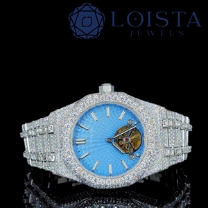 Loista Jewel Luxury iced out silver wristwatch with blue dial and skeleton design <b>for</b> <b>men</b> stylish diamond <b>studded</b> bracelet watch - Product Image 1
