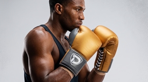 Dumela Leather Boxing Gloves Gold with Black Accents and <b>White</b> <b>Laces</b> - Product Image 3