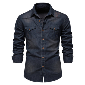 เสื้อเชิ้ตเดนิมแขนยาวทรงสลิมฟิตลำลองสำหรับผู้ชาย ลายทางติดกระดุม - Product Image 1